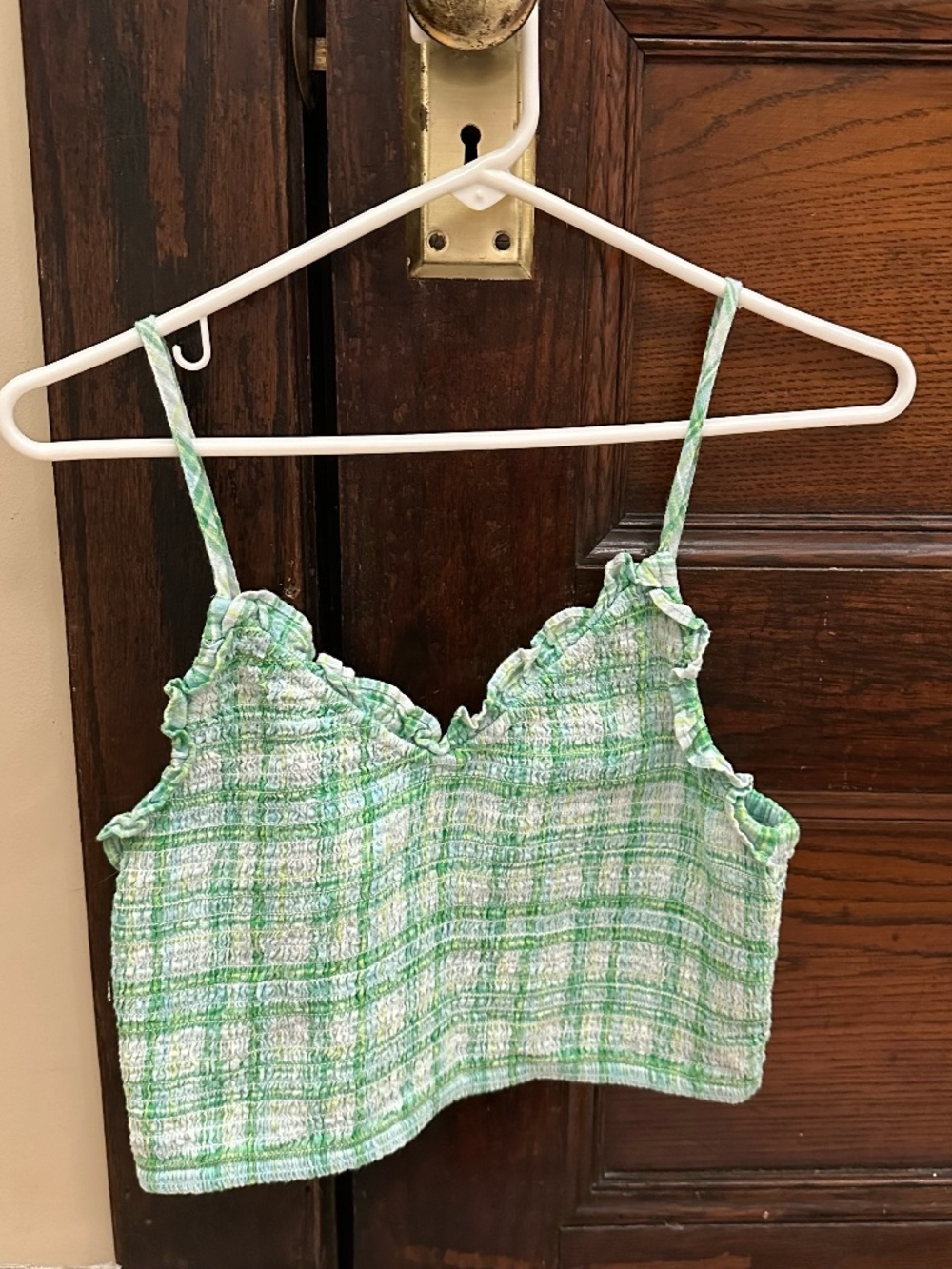Cotton On Green and White Plaid Ruffle-Trim Cropped Camisole